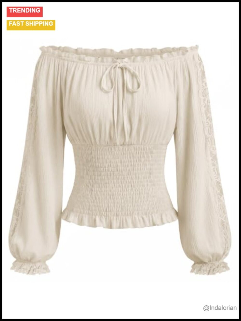 Renaissance Peasant Blouse Lace Off Shoulder Lantern Sleeve Smocked Top